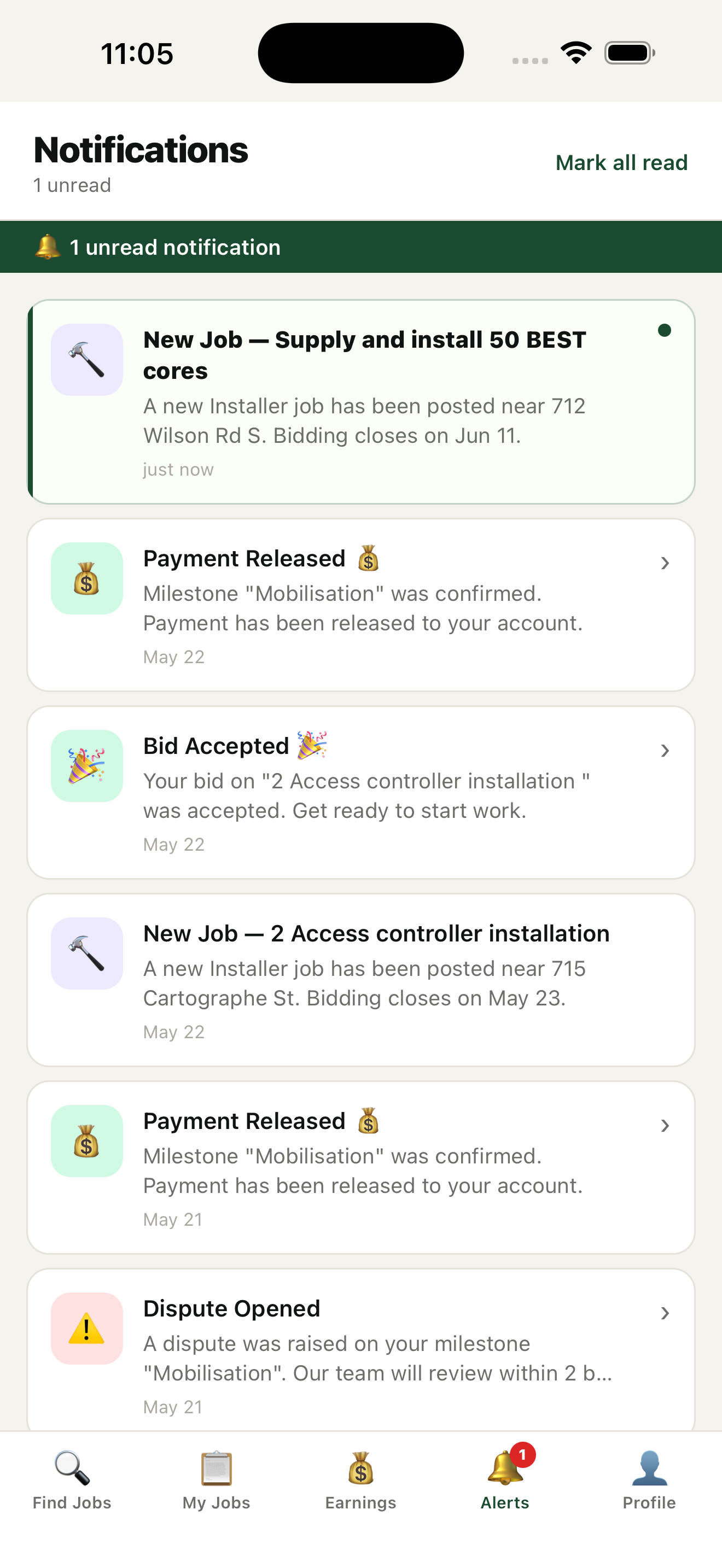 ScopeMark contractor app alerts showing new jobs, accepted bids, and released payments