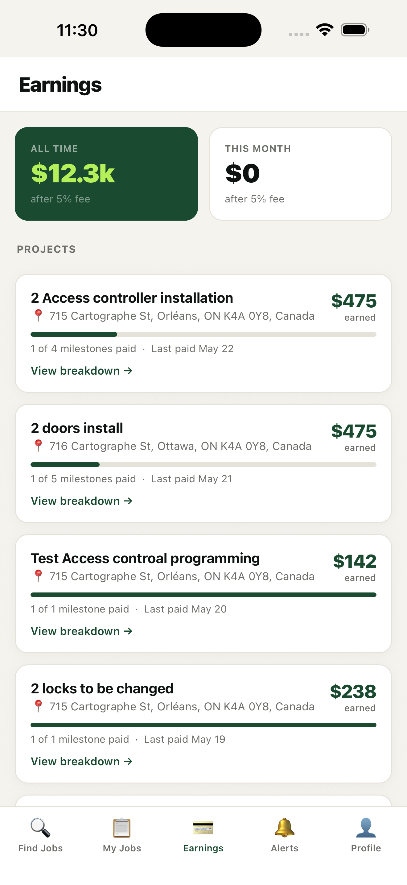 ScopeMark earnings screen showing contractor earnings and project payment progress