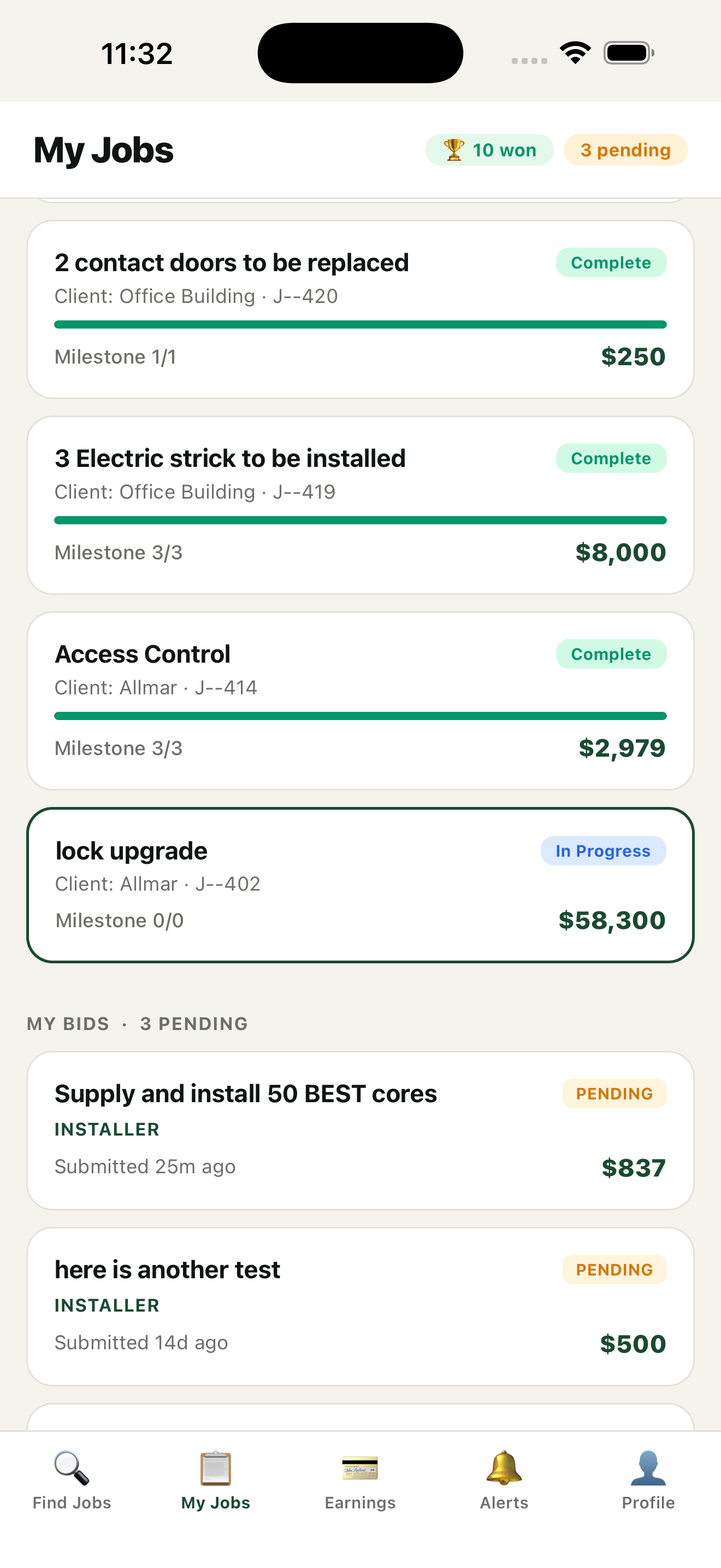 ScopeMark My Jobs screen showing completed, active, and pending commercial jobs