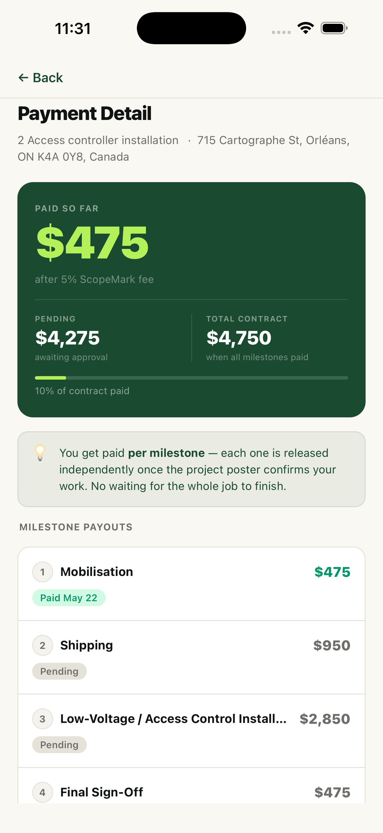 ScopeMark payment detail screen showing paid, pending, total contract, and milestone payouts