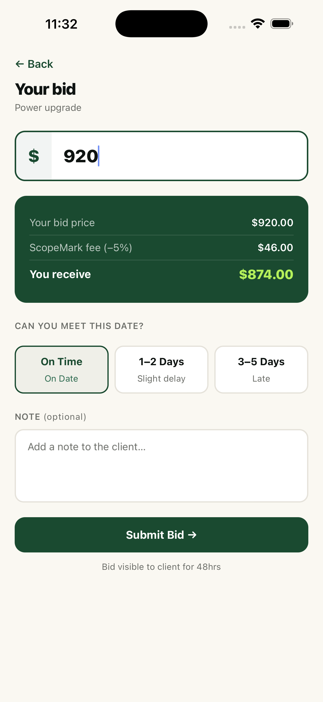 ScopeMark bid screen showing bid price, platform fee, contractor payout, and completion timing